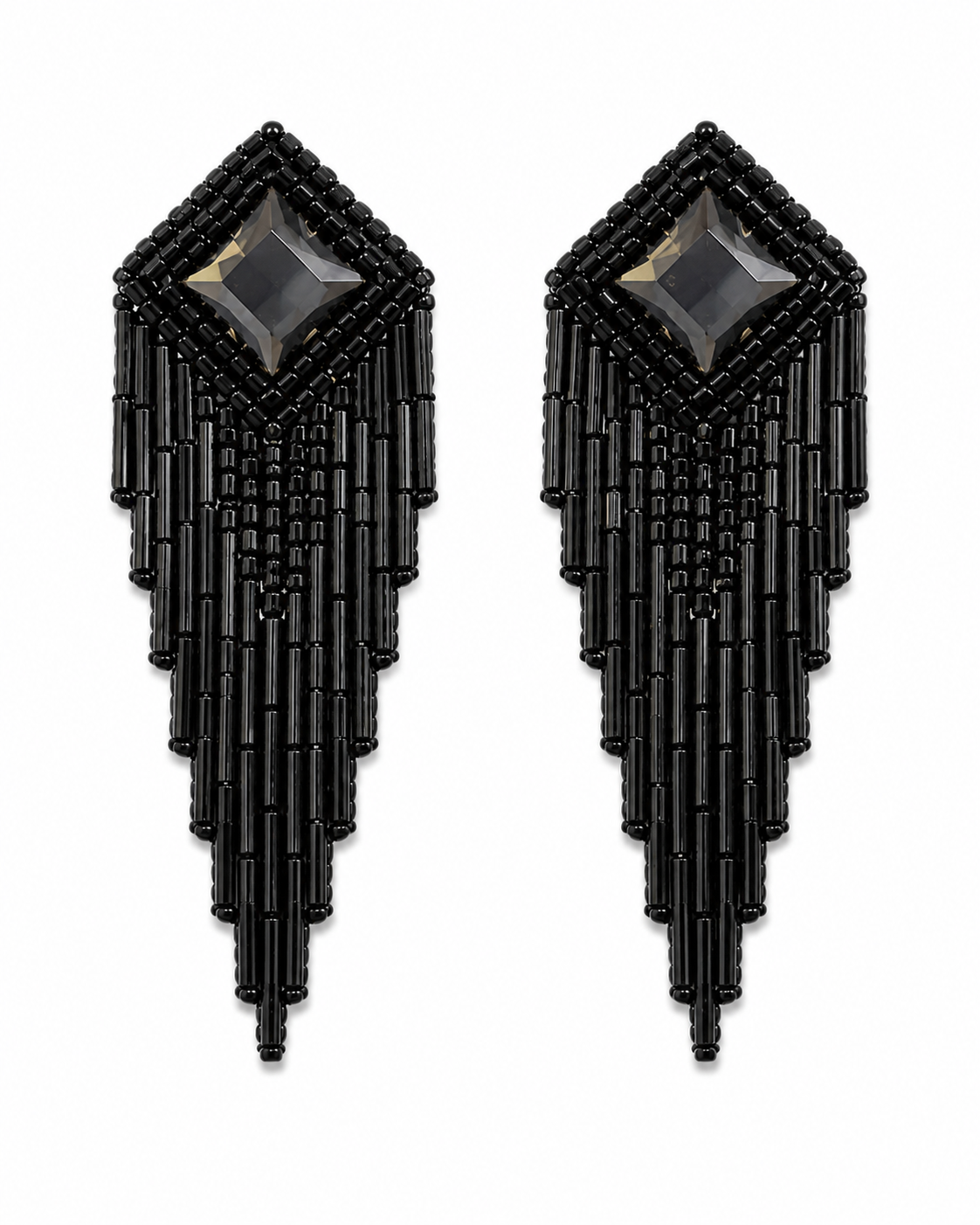 Neha Sharma Label Midnight Mousse black beaded fringe earrings with faceted smoke-grey stone.