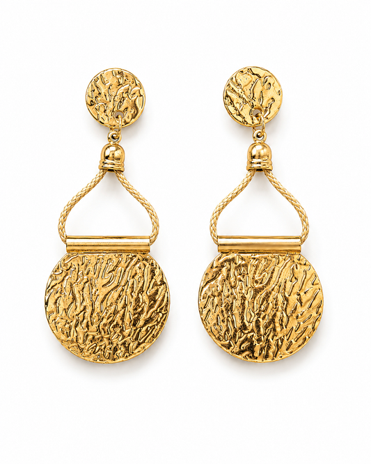 CAPRI gold-tone rope and textured disc drop earrings by Neha Sharma Label, front view