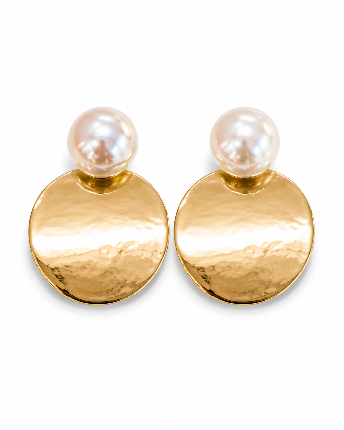 CONCA gold-tone pearl and hammered disc earrings by Neha Sharma Label, front view