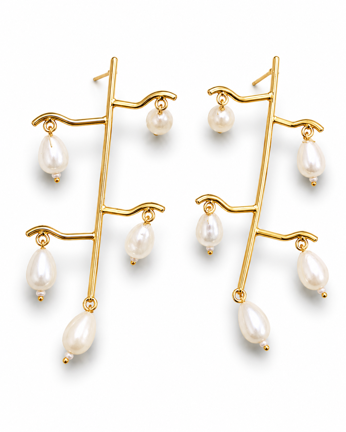 JHEEL gold-tone pearl branch chandelier earrings by Neha Sharma Label, front view