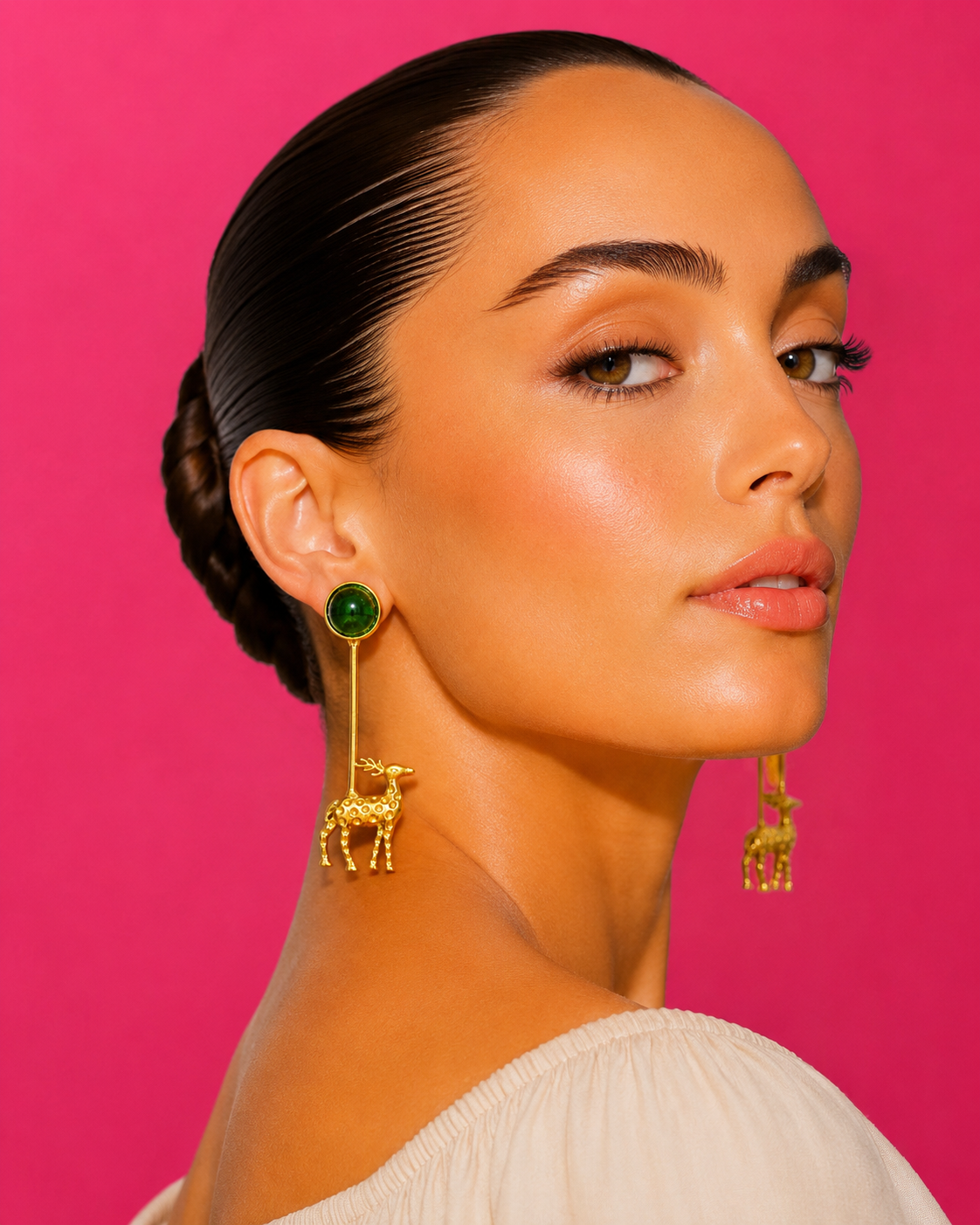 HARINI - Gold-Tone Green Stone and Deer Drop Earrings
