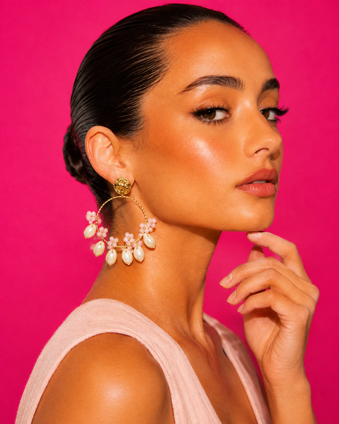 ROSABELLE - Blush Bead and Cowrie Charm Hoop Earrings