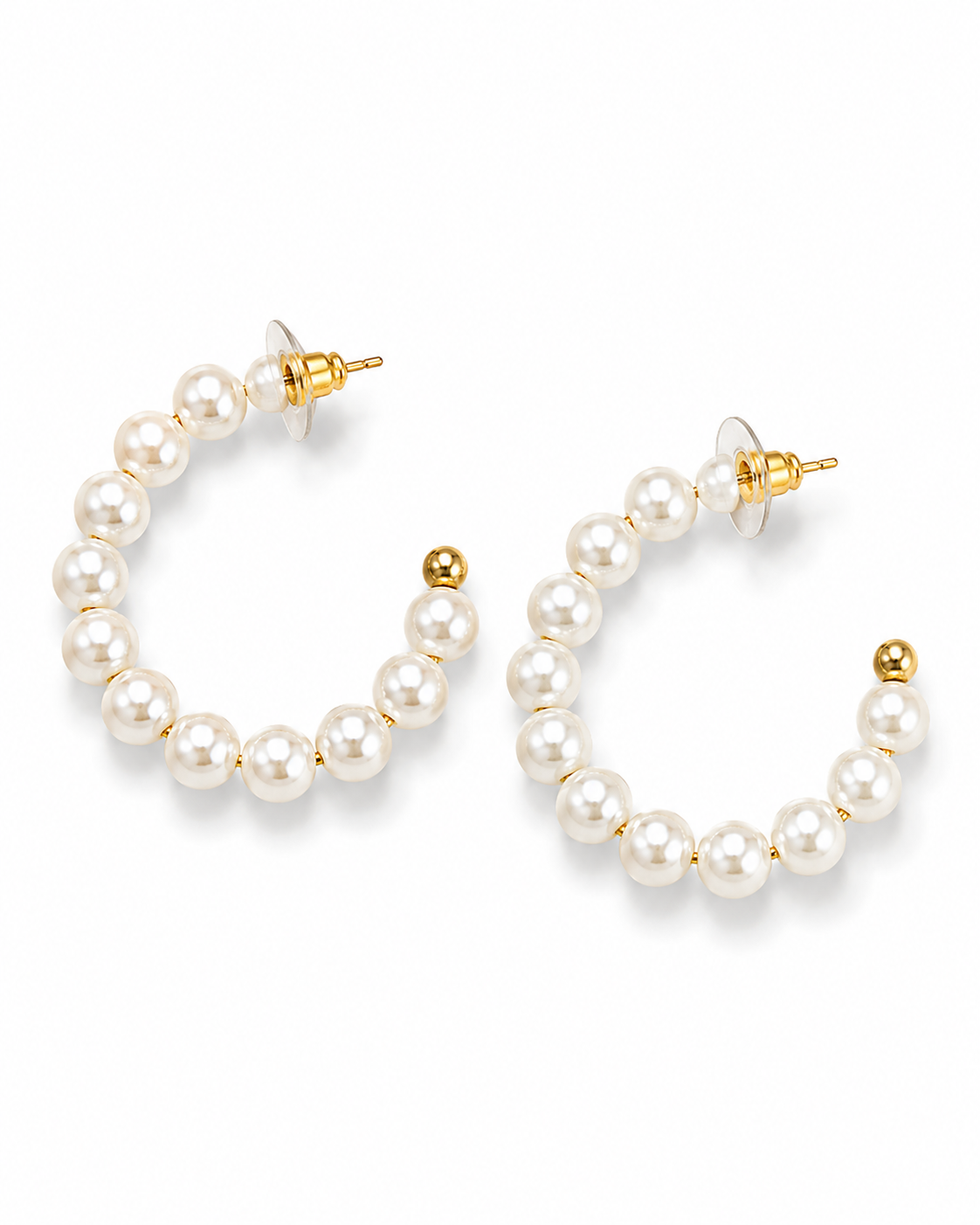 LORELEI gold-tone pearl beaded hoop earrings by Neha Sharma Label, angled view showing the post and clear disc back