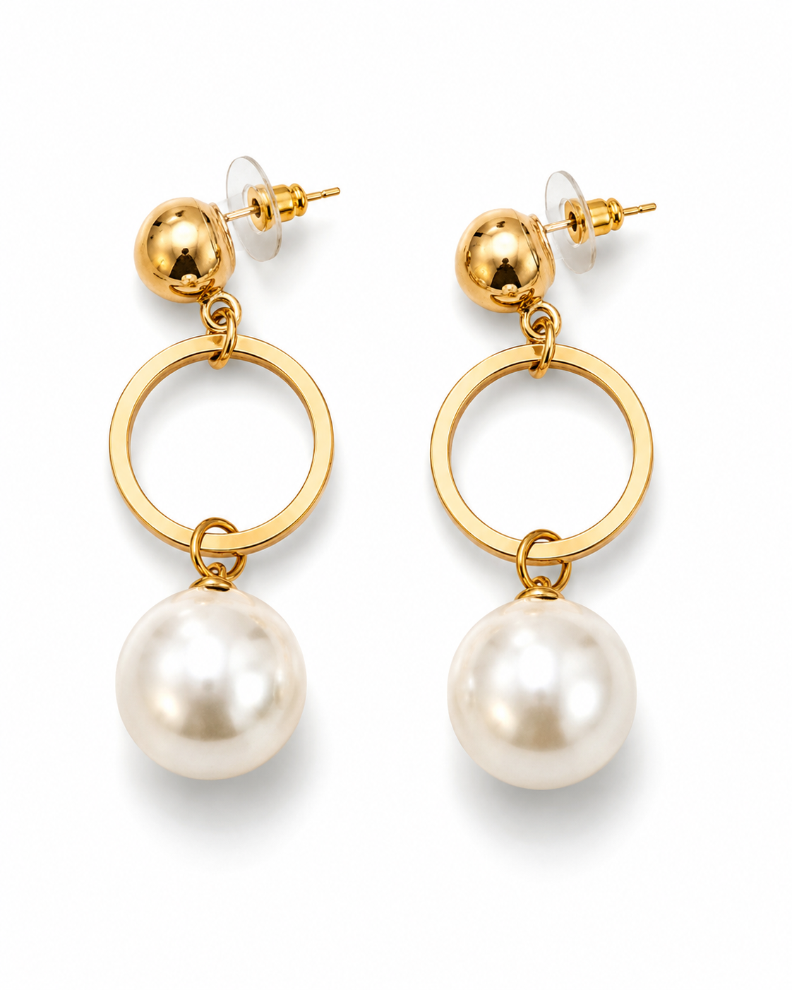 Angled view of SIRENA earrings showing the post and clear disc back behind the ball stud