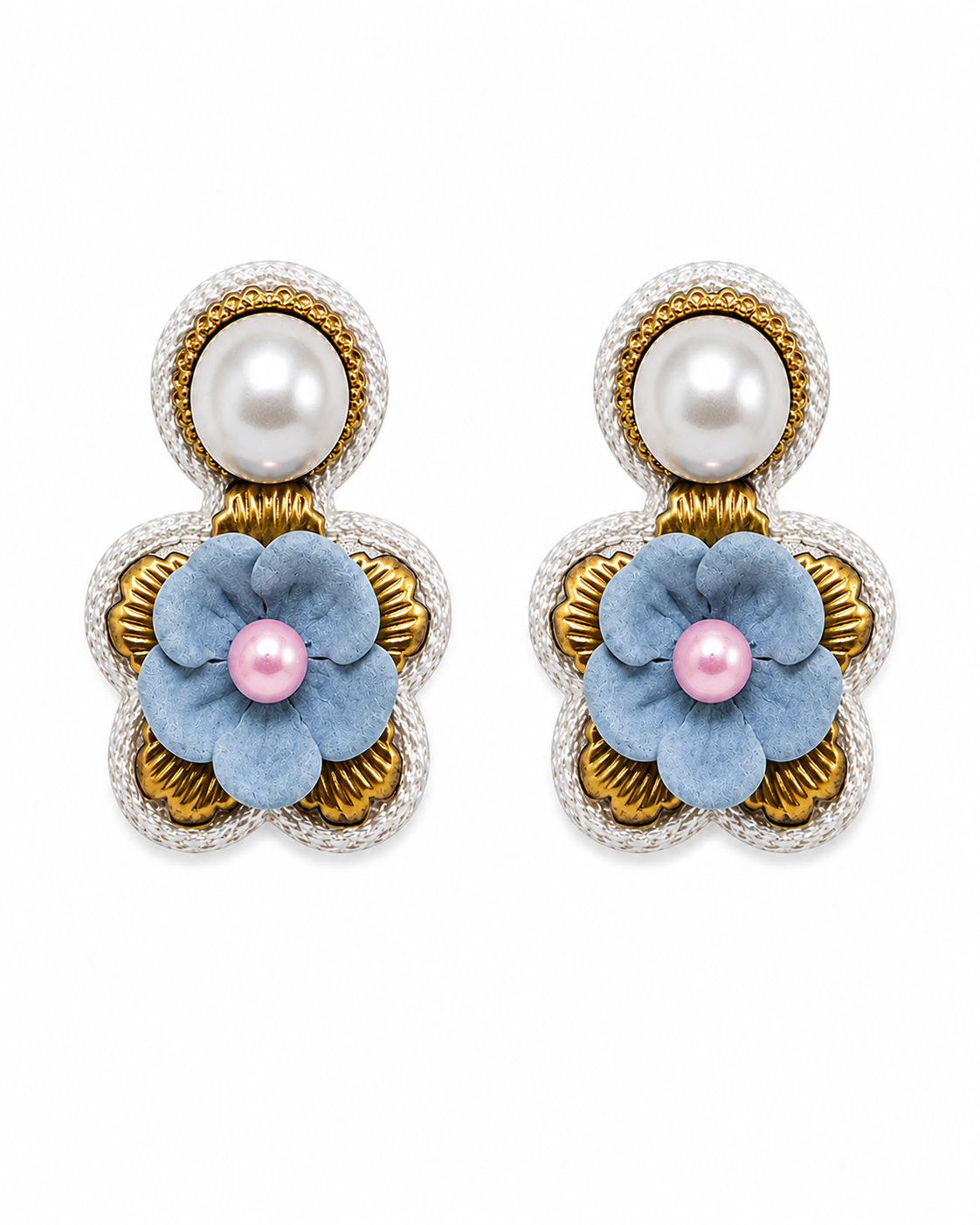 Neha Sharma Label Marshmallow Pearl drop earrings with pearl-finish dome and blue petal flower.