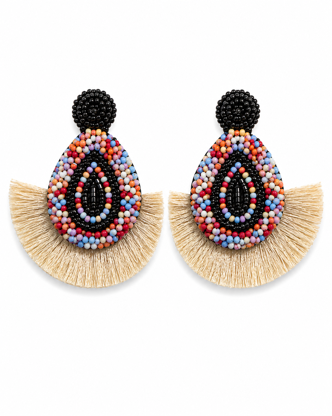 Neha Sharma Label Confetti multicolour seed bead earrings with cream thread fringe fan.