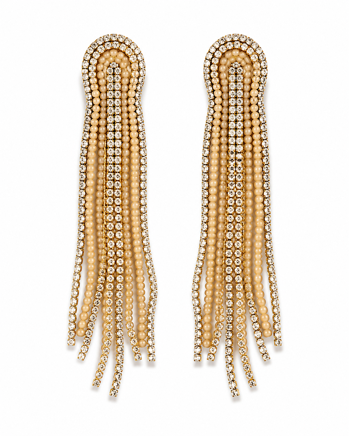 Neha Sharma Label Dulche champagne pearl-finish bead and stone chain tassel earrings.
