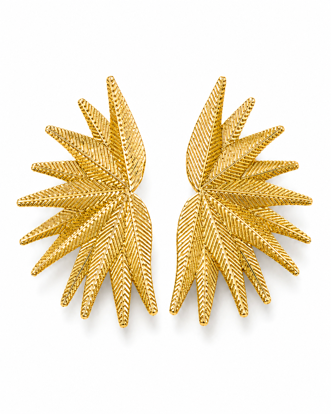 HELIAN gold-tone palm frond fan statement earrings by Neha Sharma Label, front view