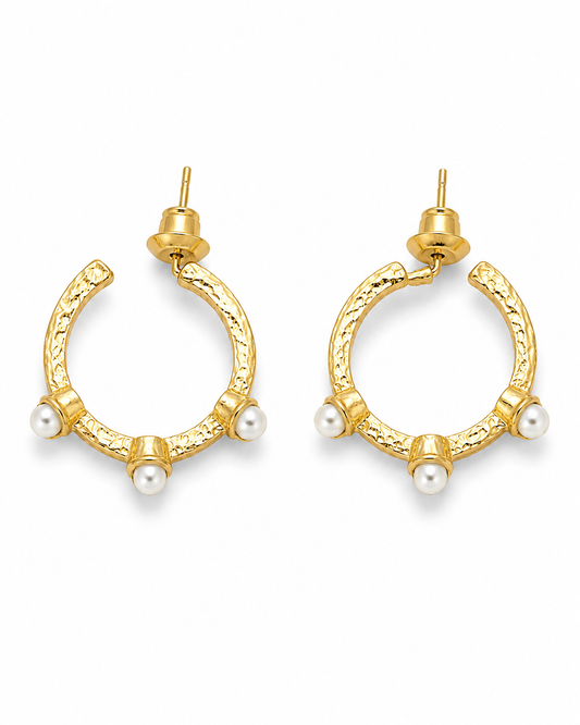 SALINA gold-tone hammered hoop earrings set with three pearl domes, by Neha Sharma Label, front view showing the post