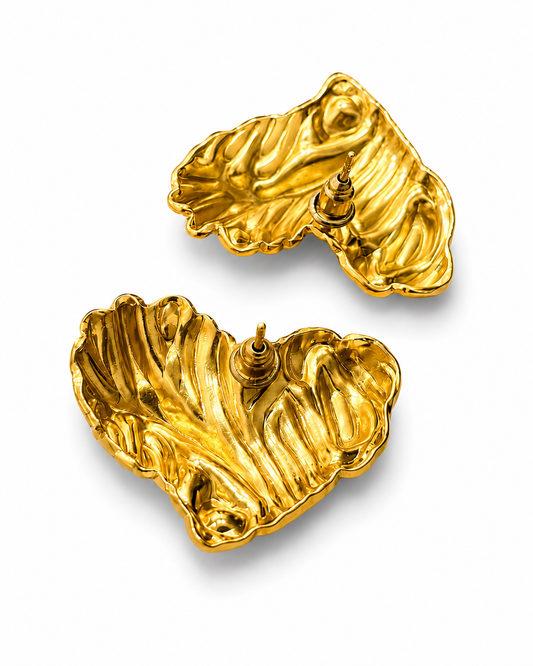 Reverse view of ROSY HEARTS gold-tone heart earrings showing the hollow back, post and push back