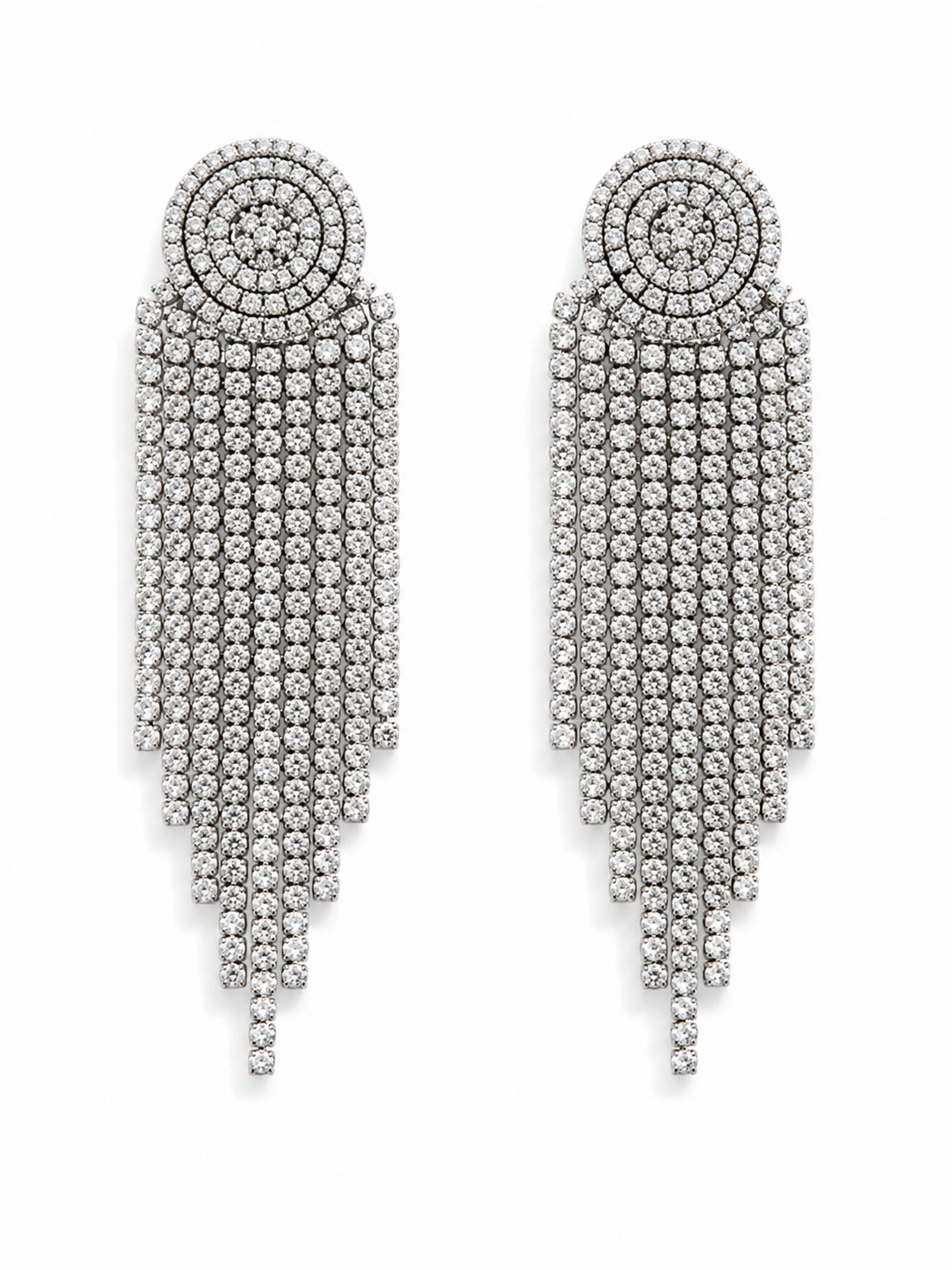 Neha Sharma Label Roche silver-tone faceted stone fringe earrings with stone-set disc top.