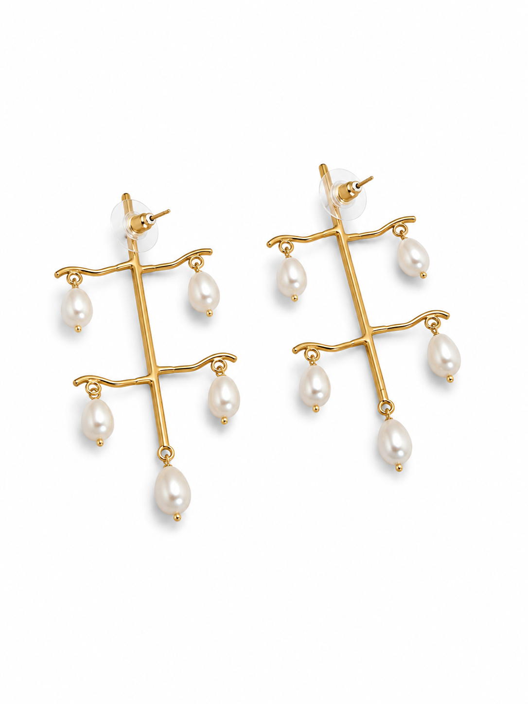 Angled view of JHEEL earrings showing the branched stem and the push-back posts