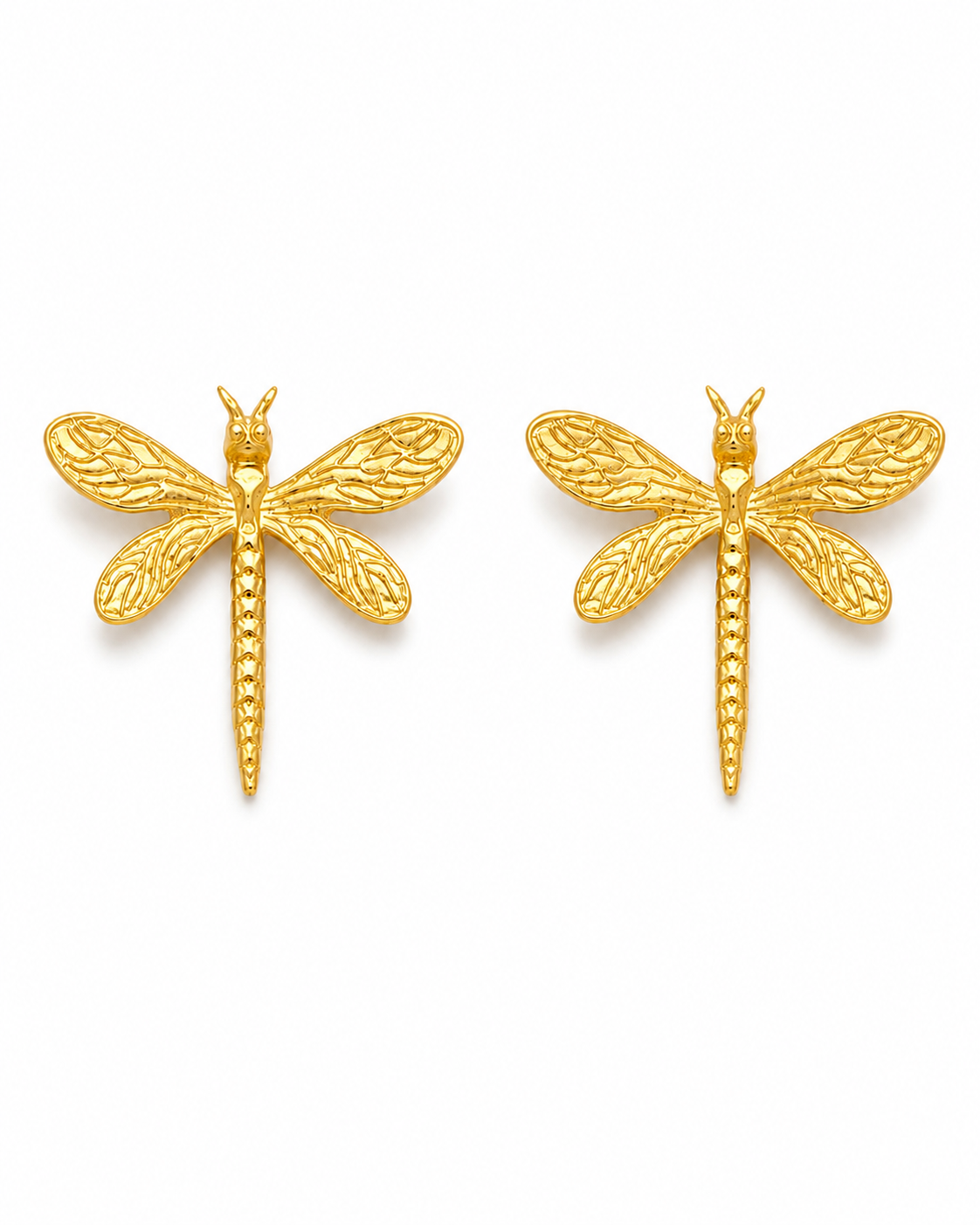 AESHNA gold-tone dragonfly statement earrings by Neha Sharma Label, front view