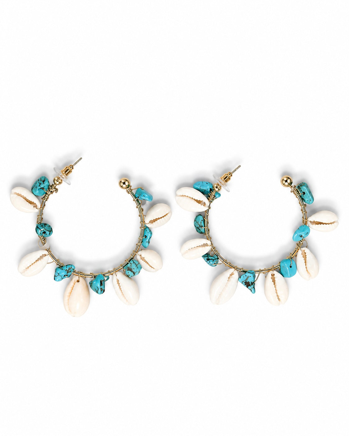 POSITANA gold-tone hoop earrings hung with cowrie-form shells and turquoise-toned stone chips, by Neha Sharma Label