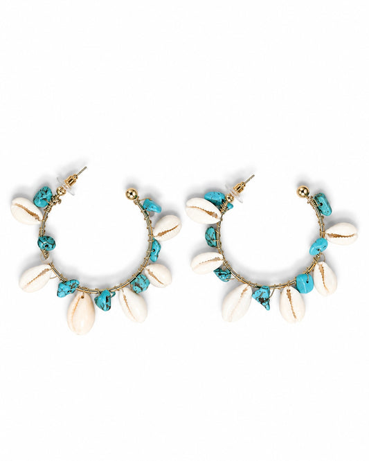 POSITANA gold-tone hoop earrings hung with cowrie-form shells and turquoise-toned stone chips, by Neha Sharma Label