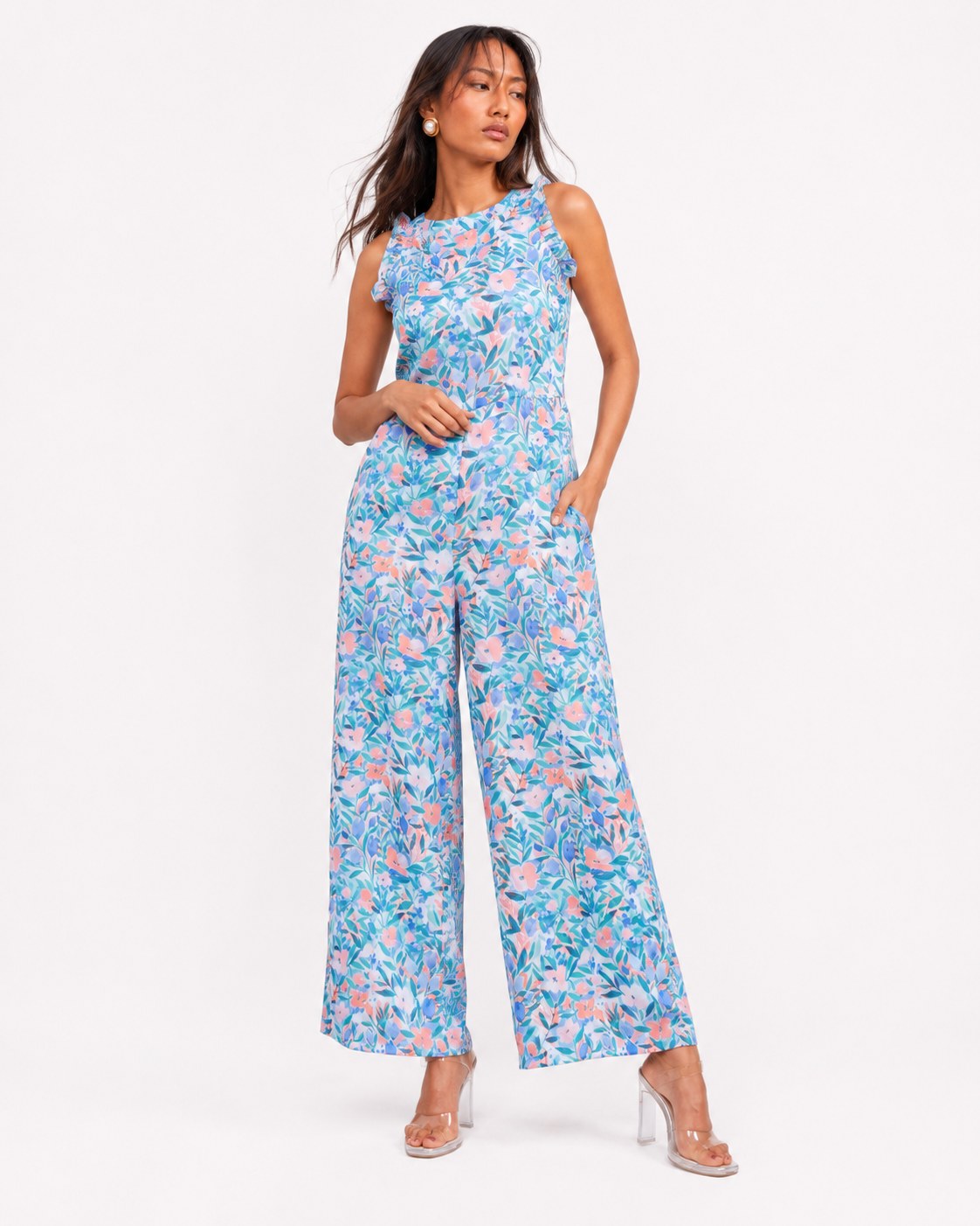 Side view of the FLEUR pastel floral wide-leg jumpsuit.