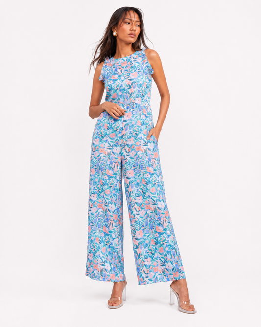 Side view of the FLEUR pastel floral wide-leg jumpsuit.