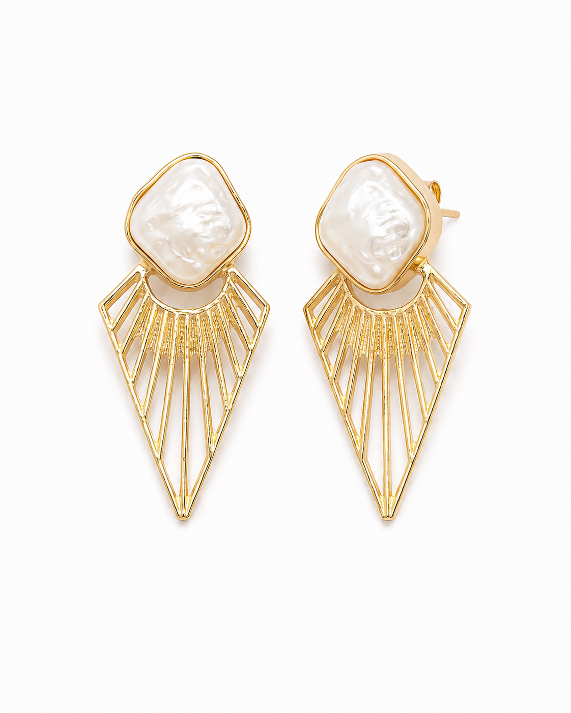 SELKIE gold-tone pearl and sunburst fan drop earrings by Neha Sharma Label, front view showing the post and butterfly back