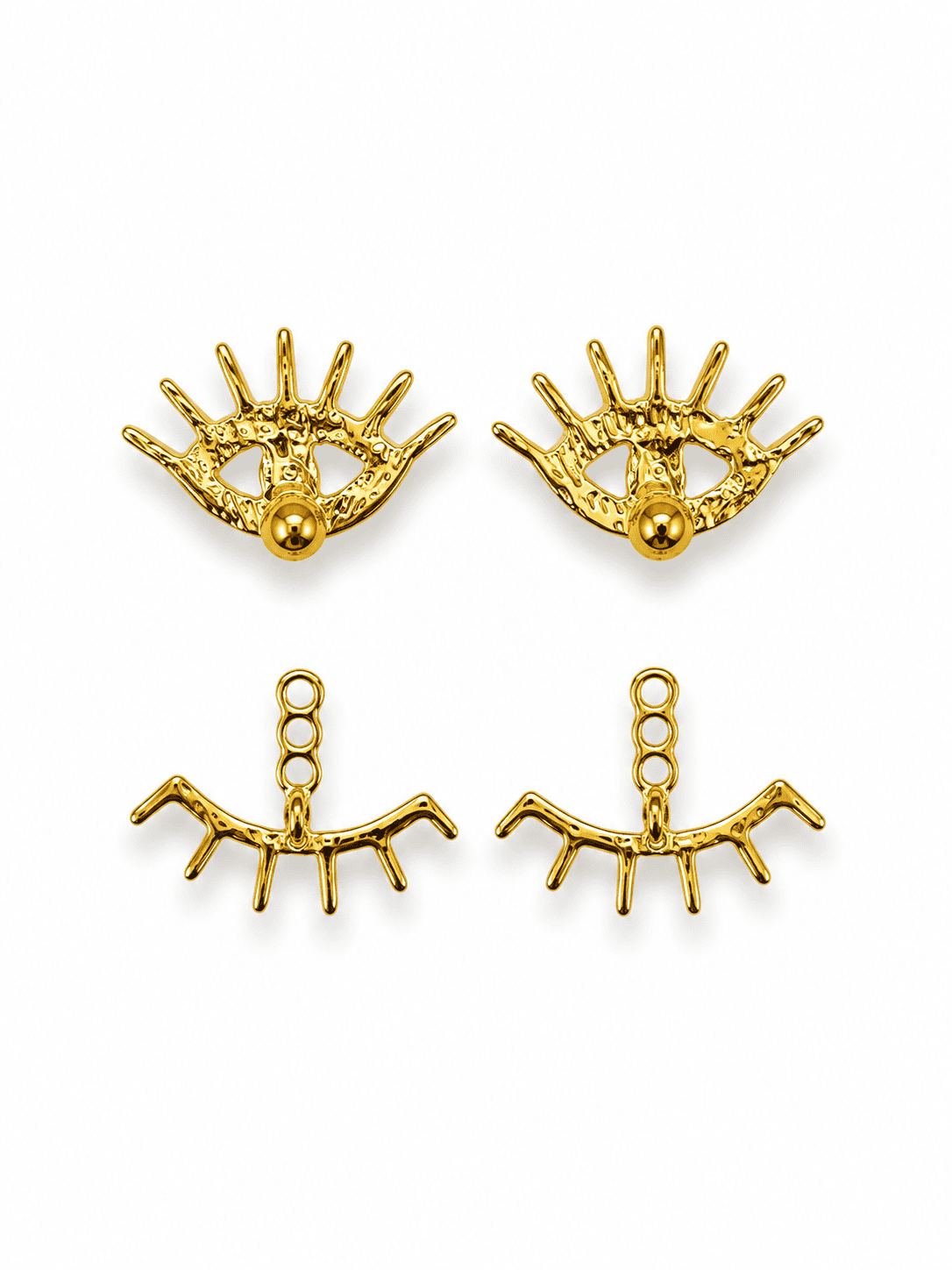 RIMJHIM evil eye earrings shown as two separate parts, the eye stud with its post above and the lower lash jacket with its three-loop height ladder below