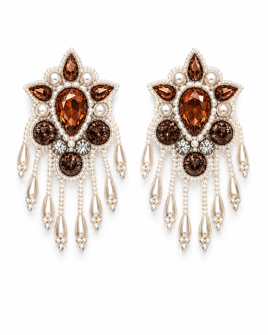Neha Sharma Label Pearl Praline amber-brown stone chandelier earrings with pearl-finish bead fringe.