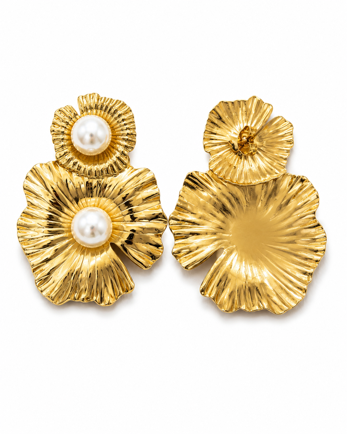 SAGARIKA gold-tone fluted flower earrings shown front and back, with the butterfly push back visible