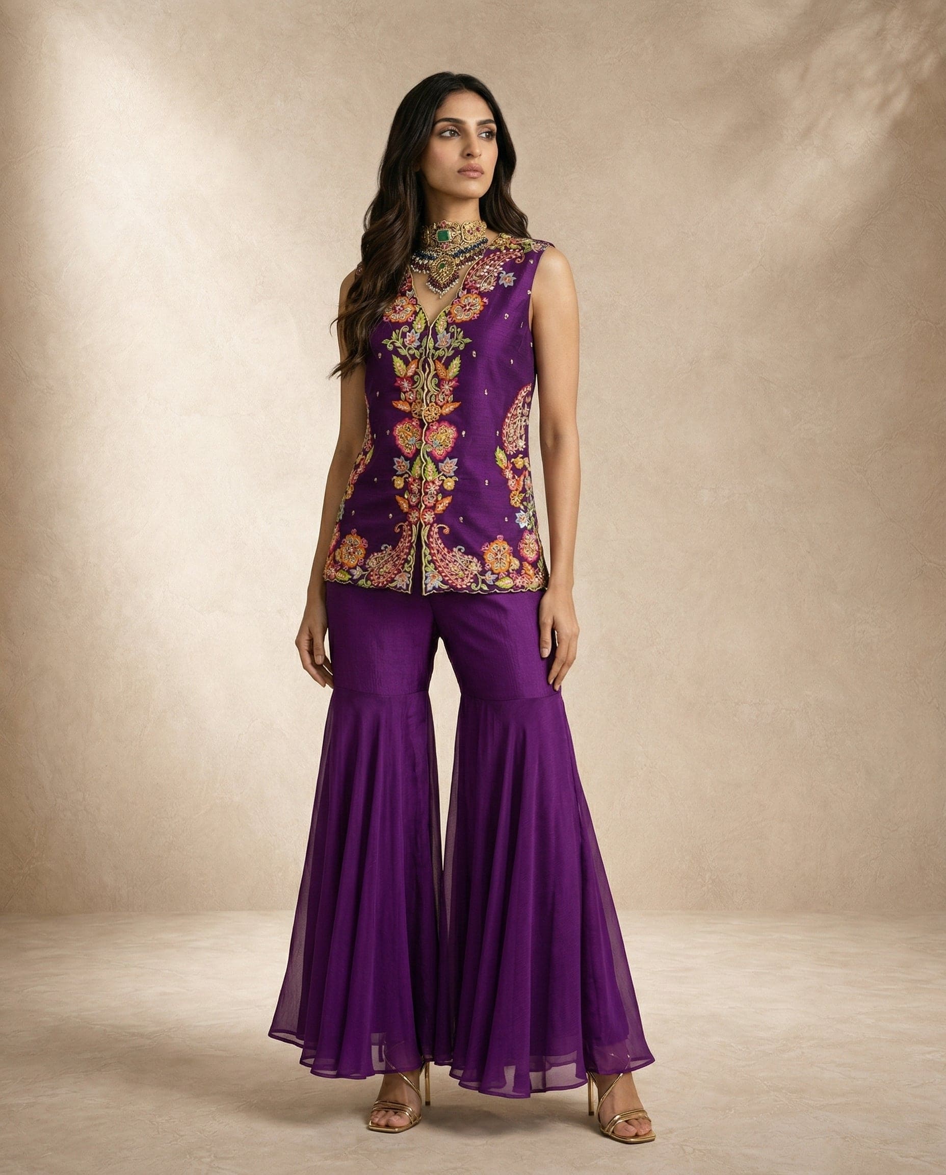 Neha Sharma Label HIYA purple silk sleeveless top with multicolour embroidery and flowing gharara.
