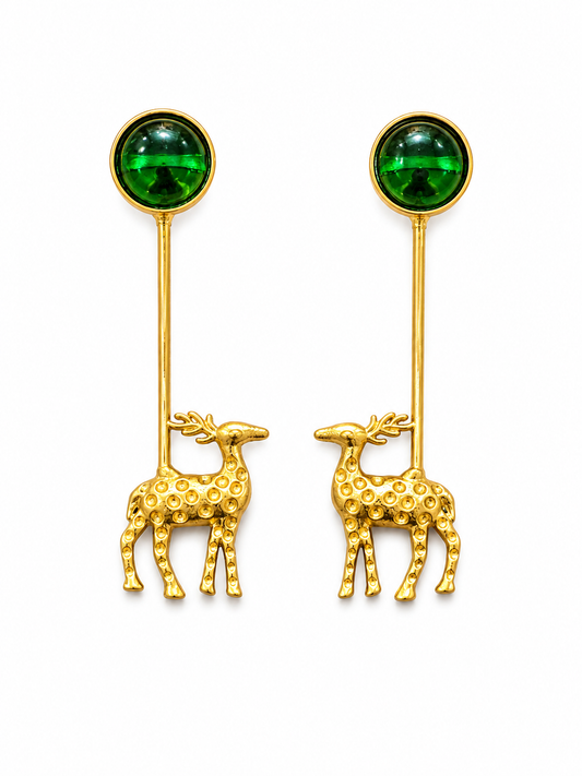 HARINI gold-tone green stone and deer drop earrings by Neha Sharma Label, front view