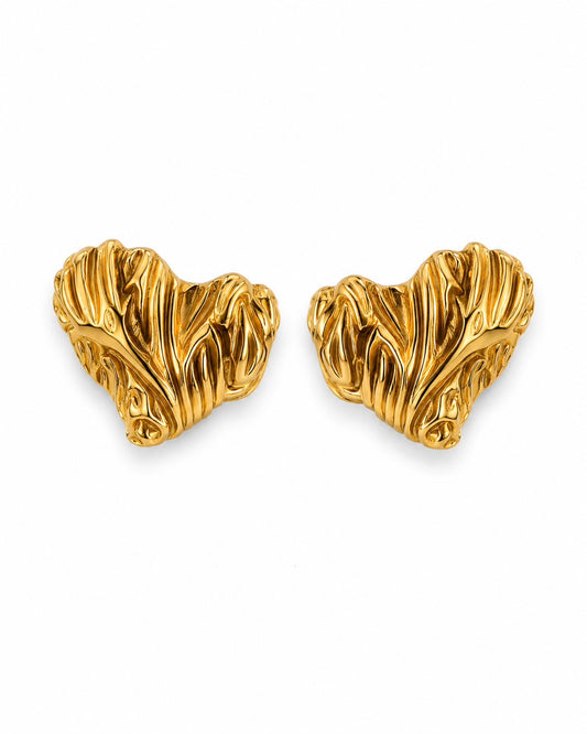 ROSY HEARTS gold-tone sculptural folded heart earrings by Neha Sharma Label, front view