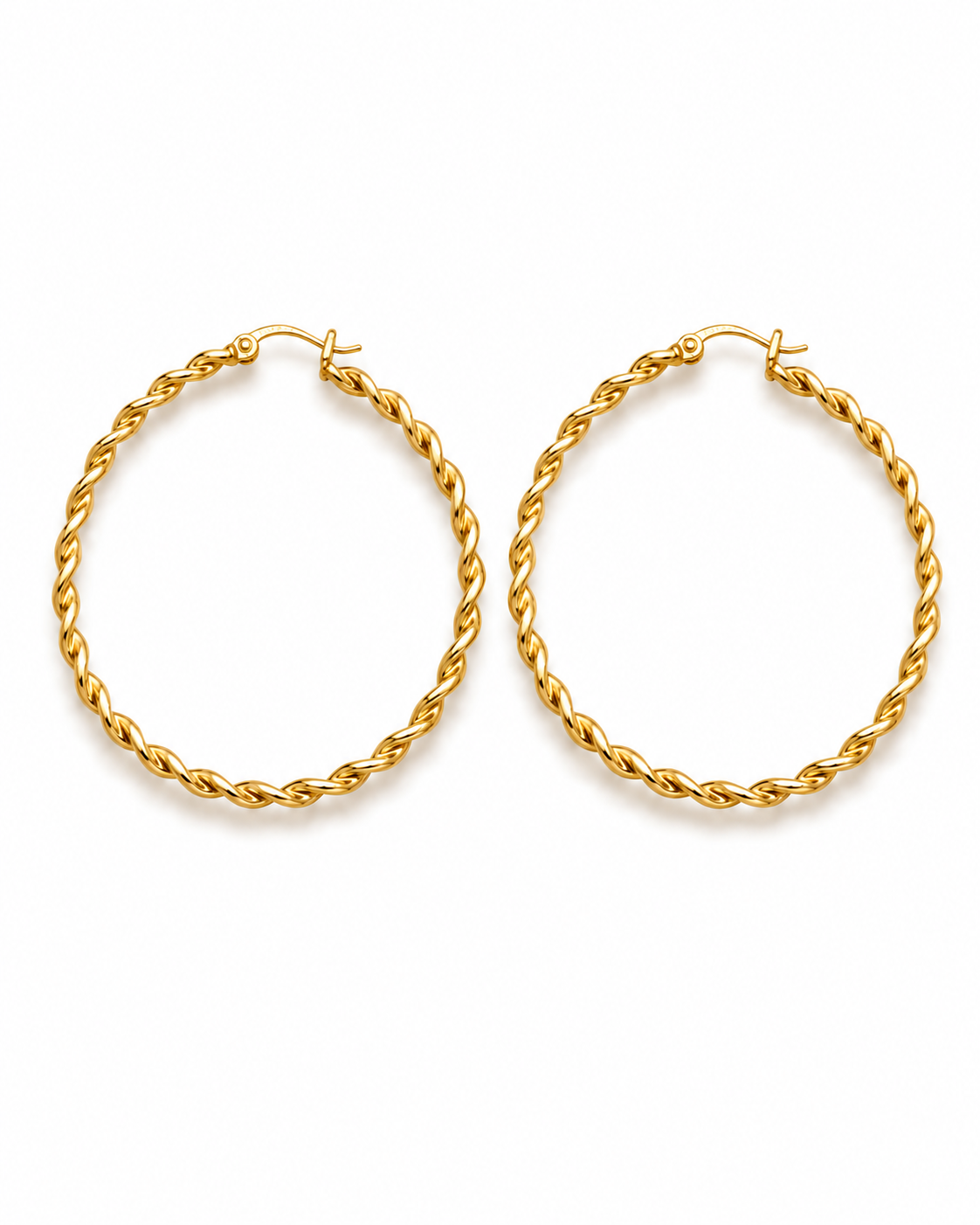 TRECCIA gold-tone twisted rope hoop earrings by Neha Sharma Label, front view showing the hinged latch