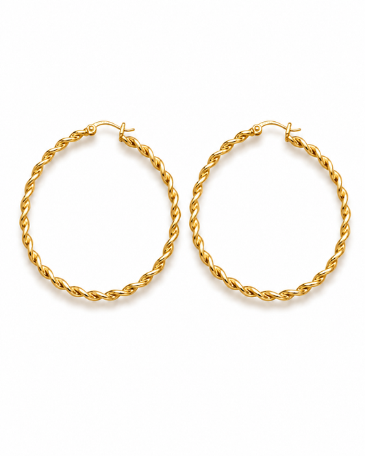 TRECCIA gold-tone twisted rope hoop earrings by Neha Sharma Label, front view showing the hinged latch