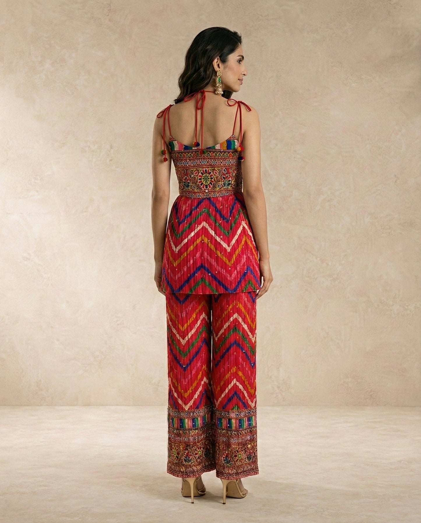 ZAVIYA flap kurta set showing the kutchi-print bodice and doori shoulder ties, studio view.
