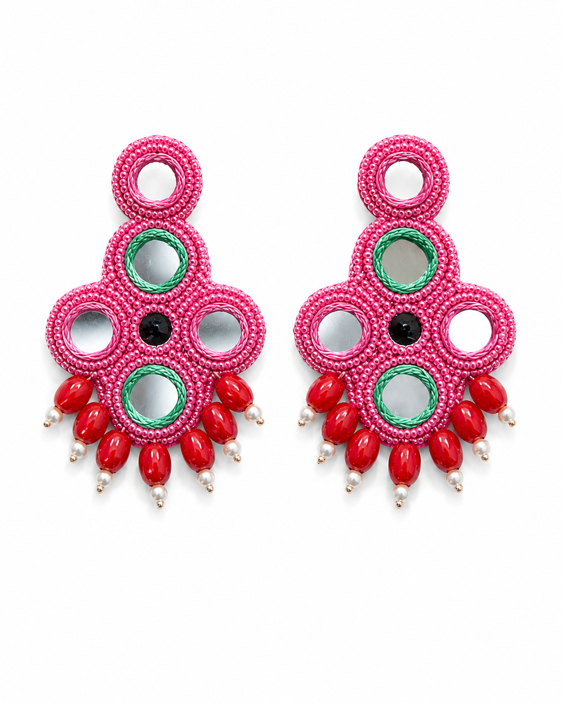 Neha Sharma Label Cherry Candy pink beaded earrings with inset mirrors and red bead drops.