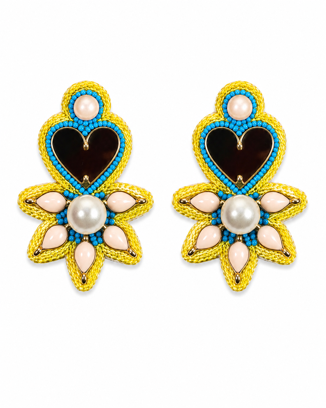 Neha Sharma Label Lemon Drop yellow cord medallion earrings with glossy black heart and petal stones.