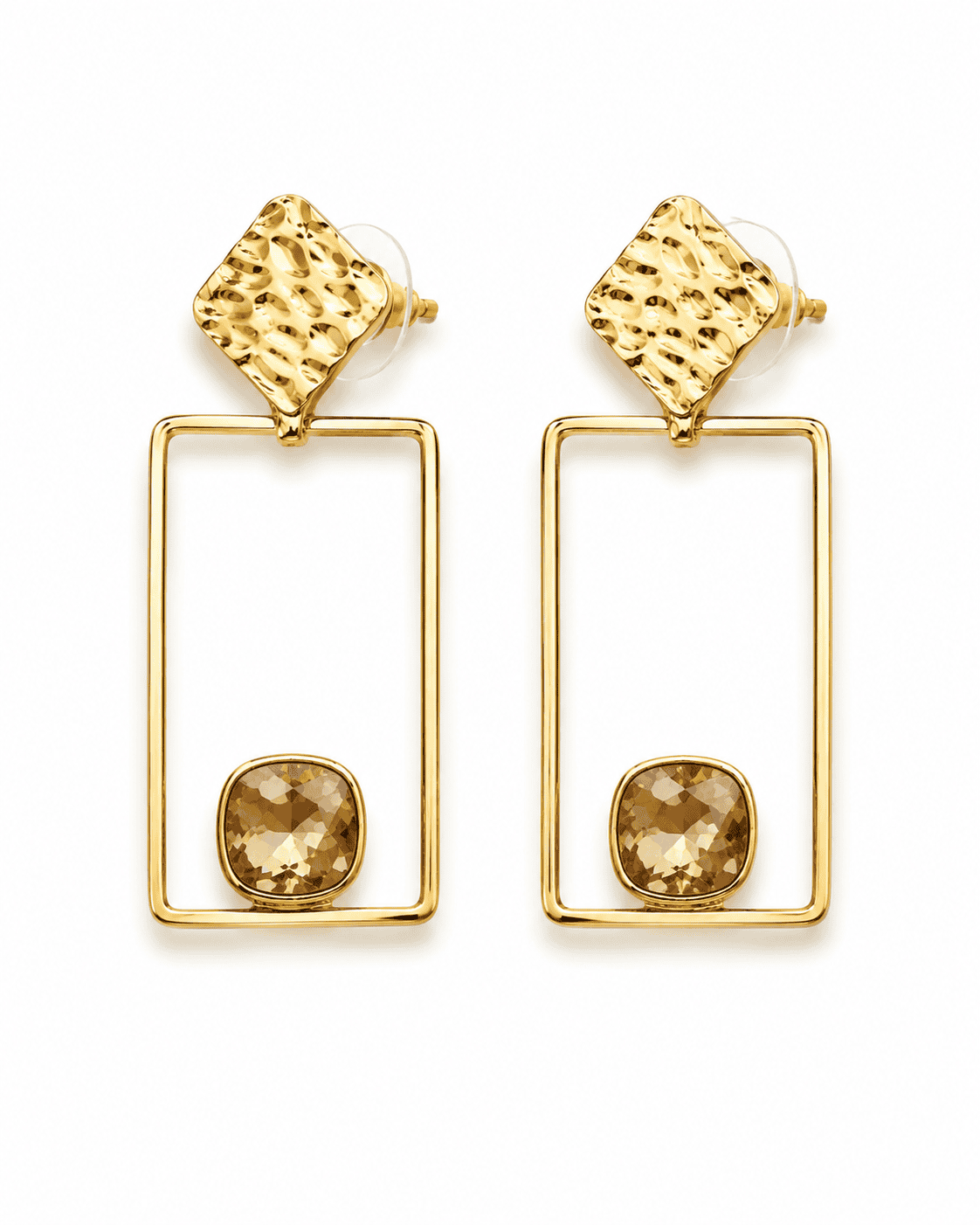 BRISA gold-tone rectangle earrings with a champagne-tone faceted stone, by Neha Sharma Label, showing the post and clear disc back