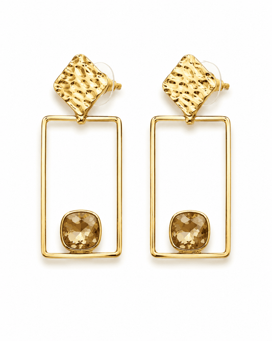 BRISA gold-tone rectangle earrings with a champagne-tone faceted stone, by Neha Sharma Label, showing the post and clear disc back