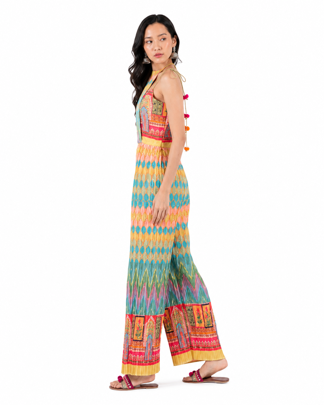 Side view of the LUCIA multicolour crinkle-pleated jumpsuit with wide legs.