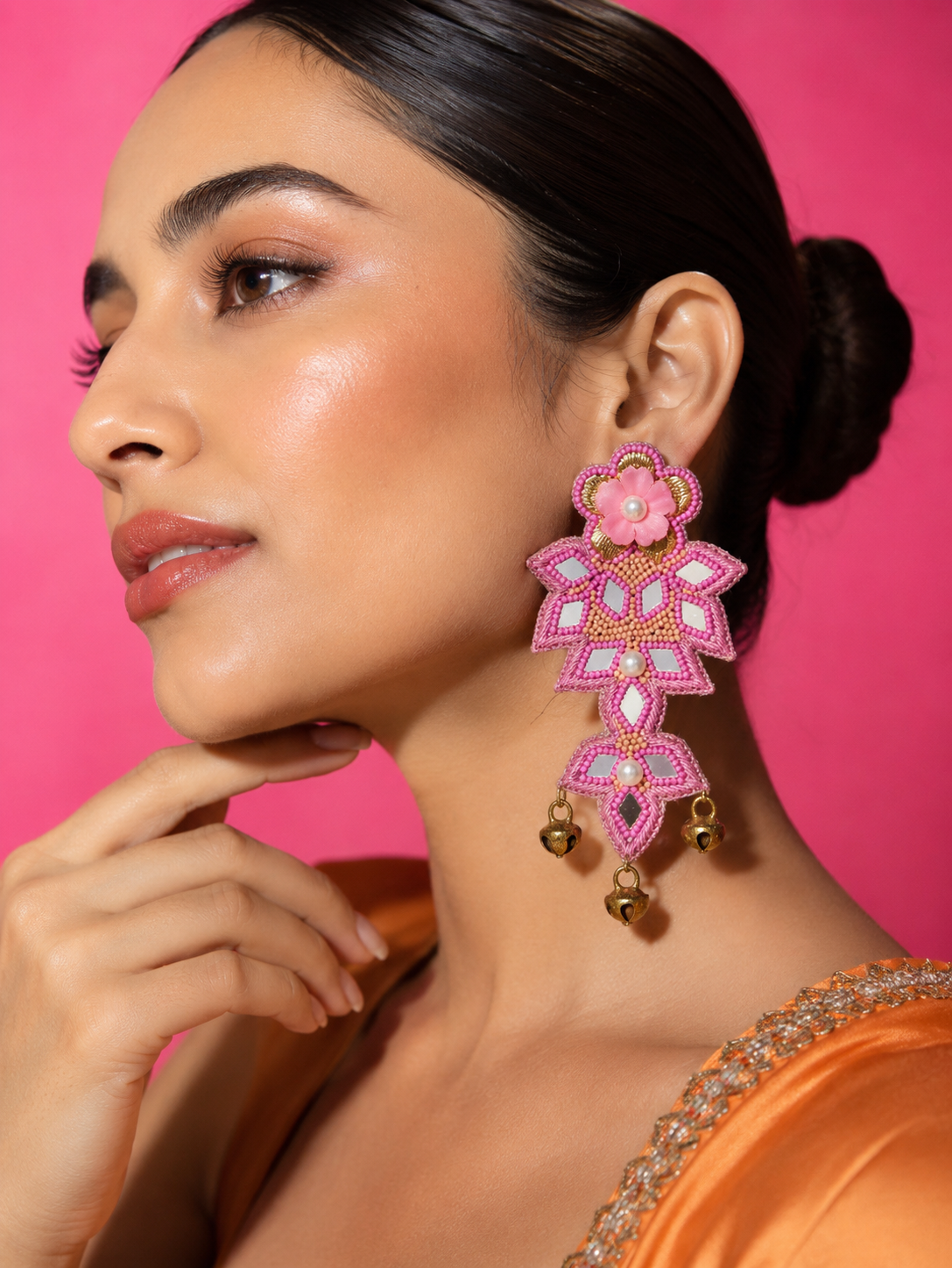Neha Sharma Label Bubblegum fuchsia embroidered chandelier earrings with mirrors and ghungroo bells.