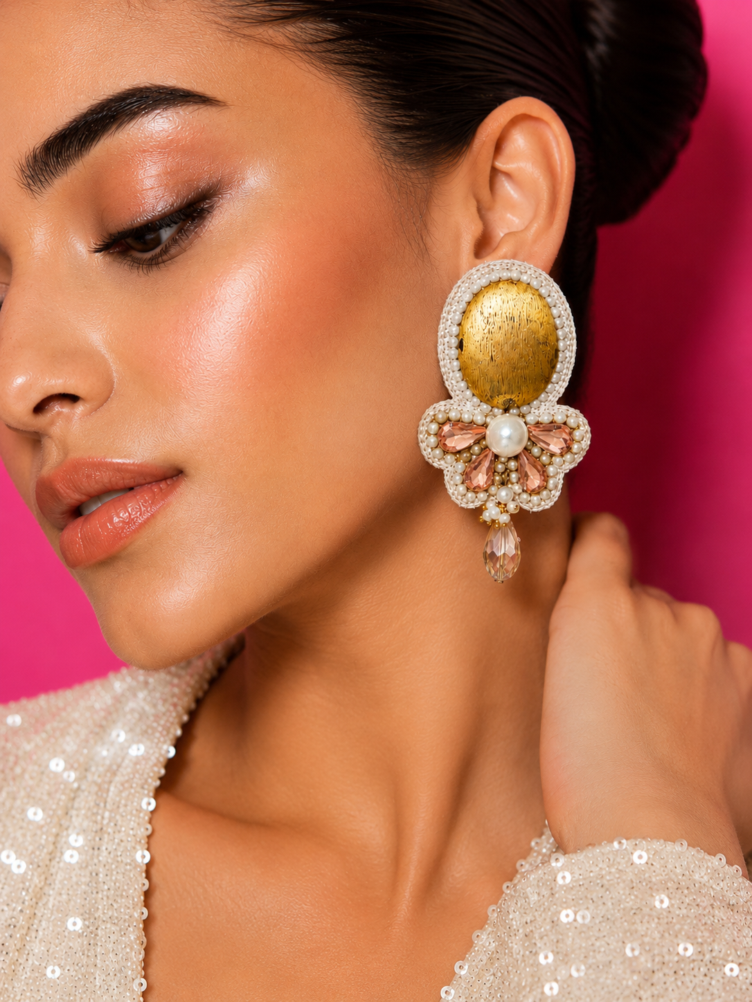 Neha Sharma Label Caramel Truffle gold-tone dome earrings with amber stones and pearl-finish beads.