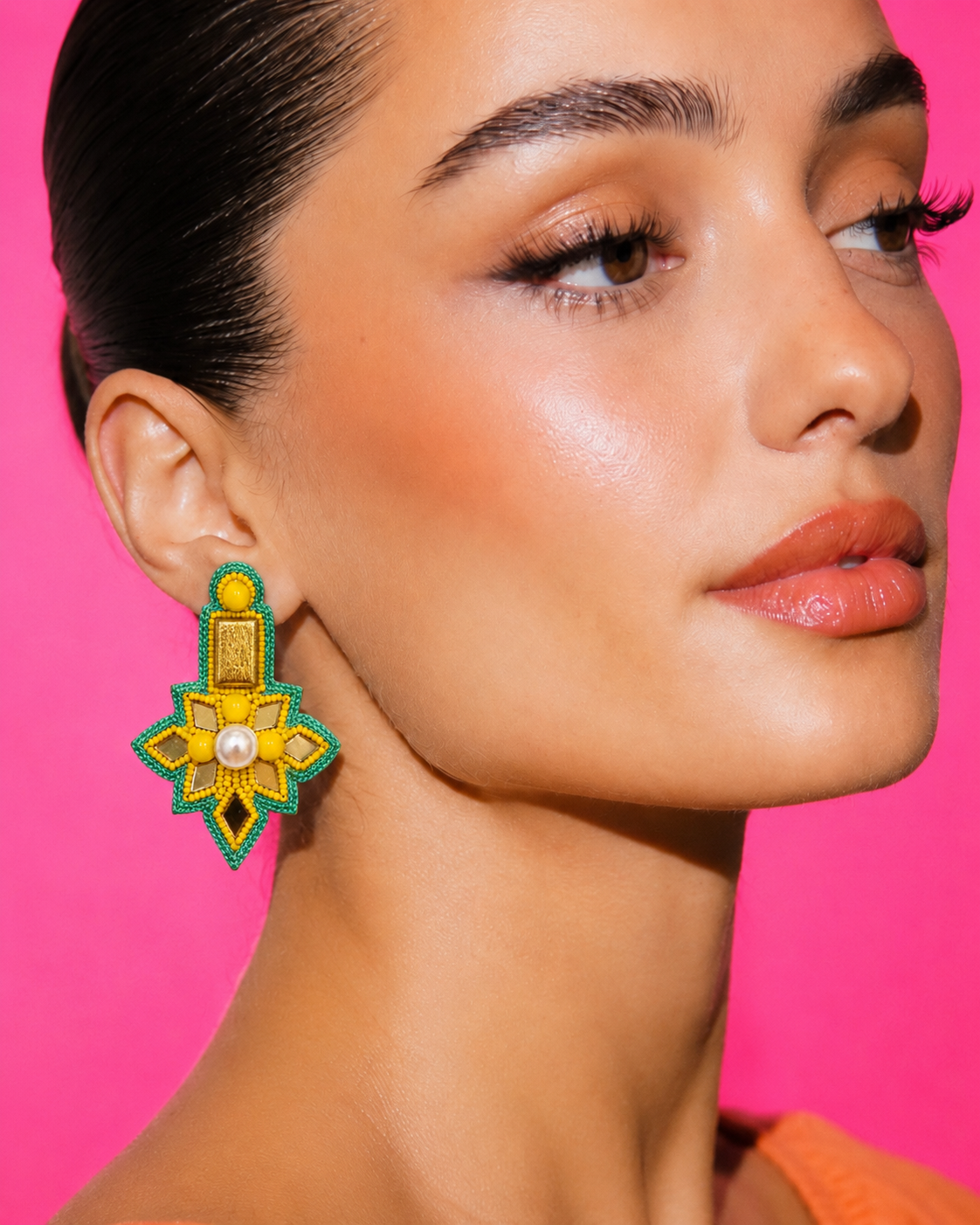 Neha Sharma Label Kiwi Rush green cord drop earrings with yellow beads and gold mirror diamonds.