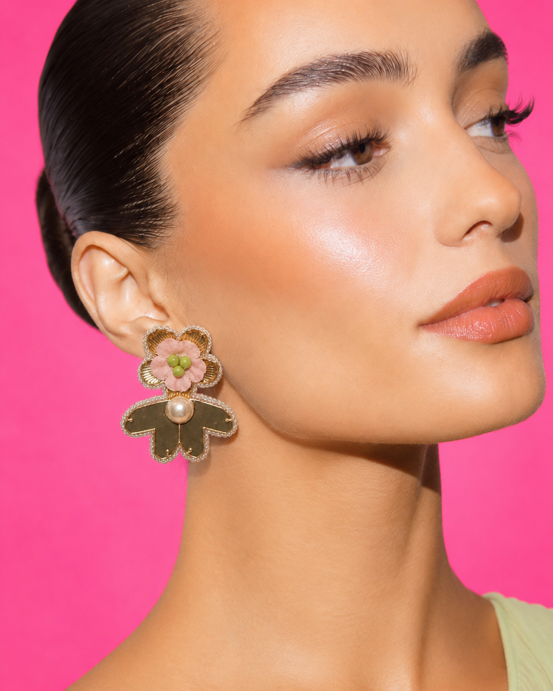 Neha Sharma Label Pistachio green petal drop earrings with blush silk flower and mirror panel.