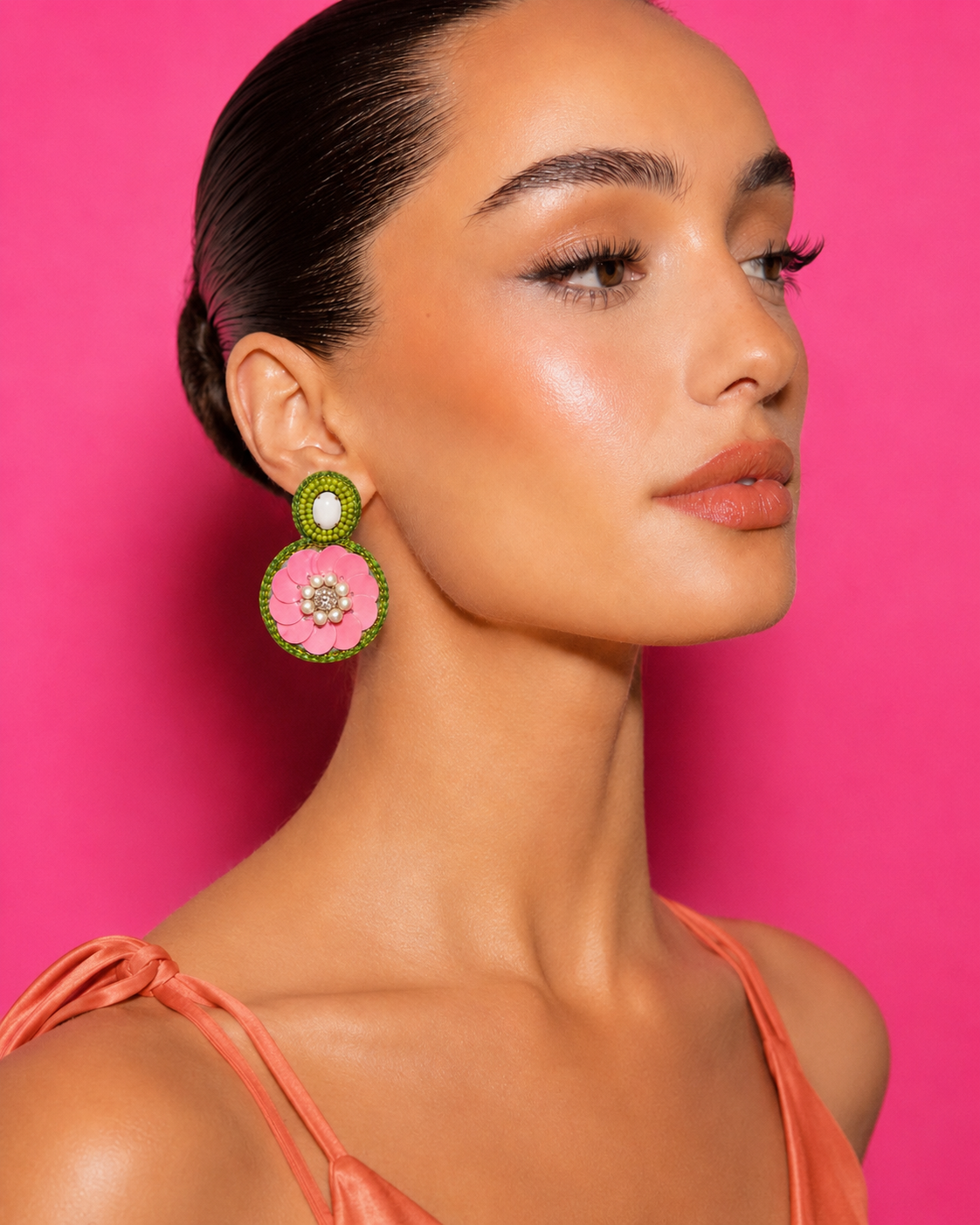 Neha Sharma Label Guava Pop pink sequin flower drop earrings with green bead stud.