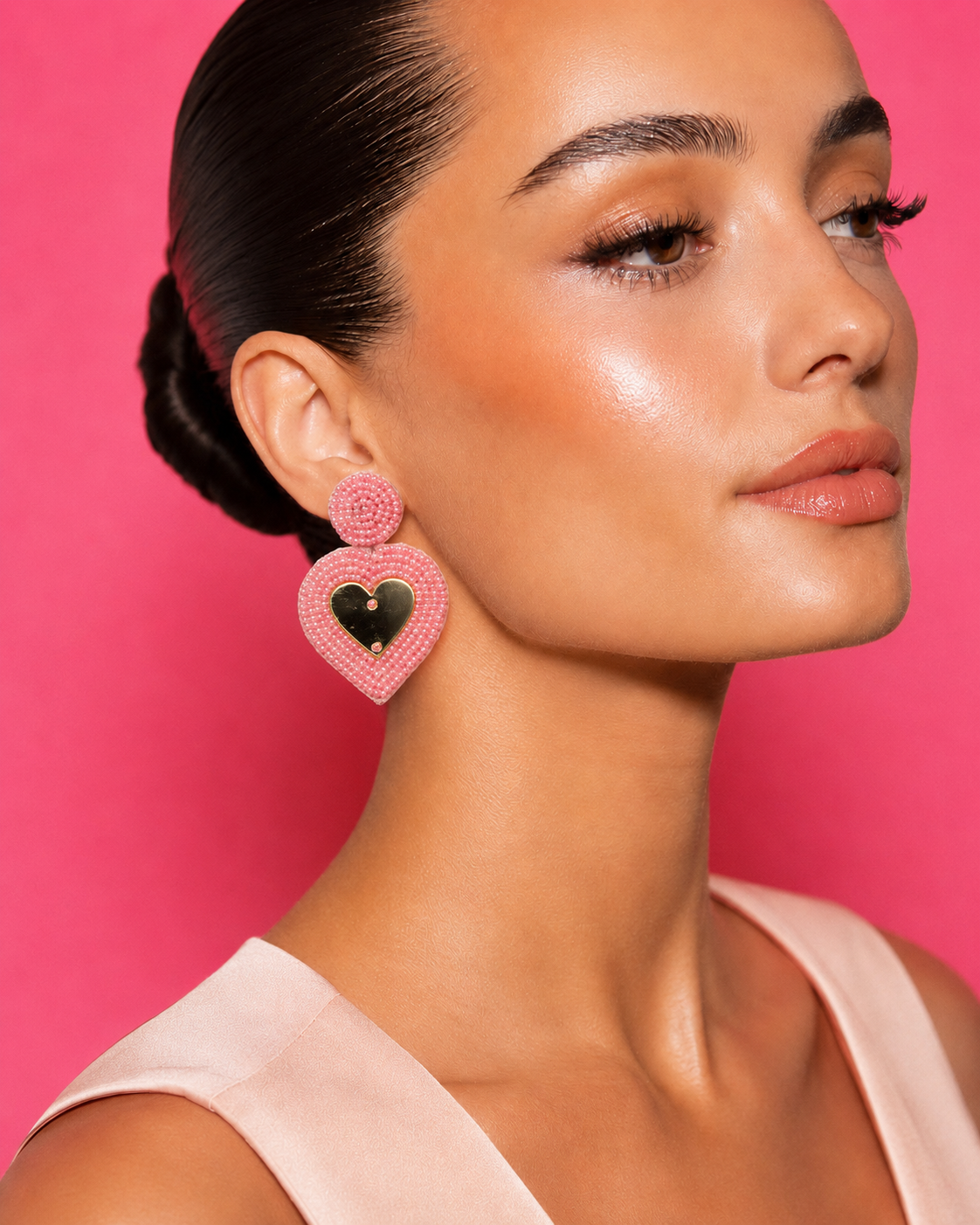 Neha Sharma Label Candy Crush pink beaded heart earrings with polished gold-tone heart centre.