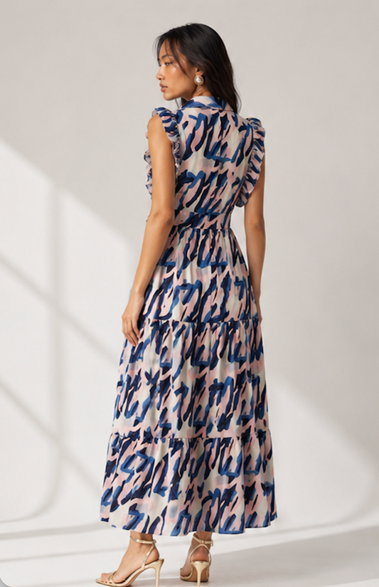 AZUREA - Blue Brushstroke Ruffle Maxi Shirtdress