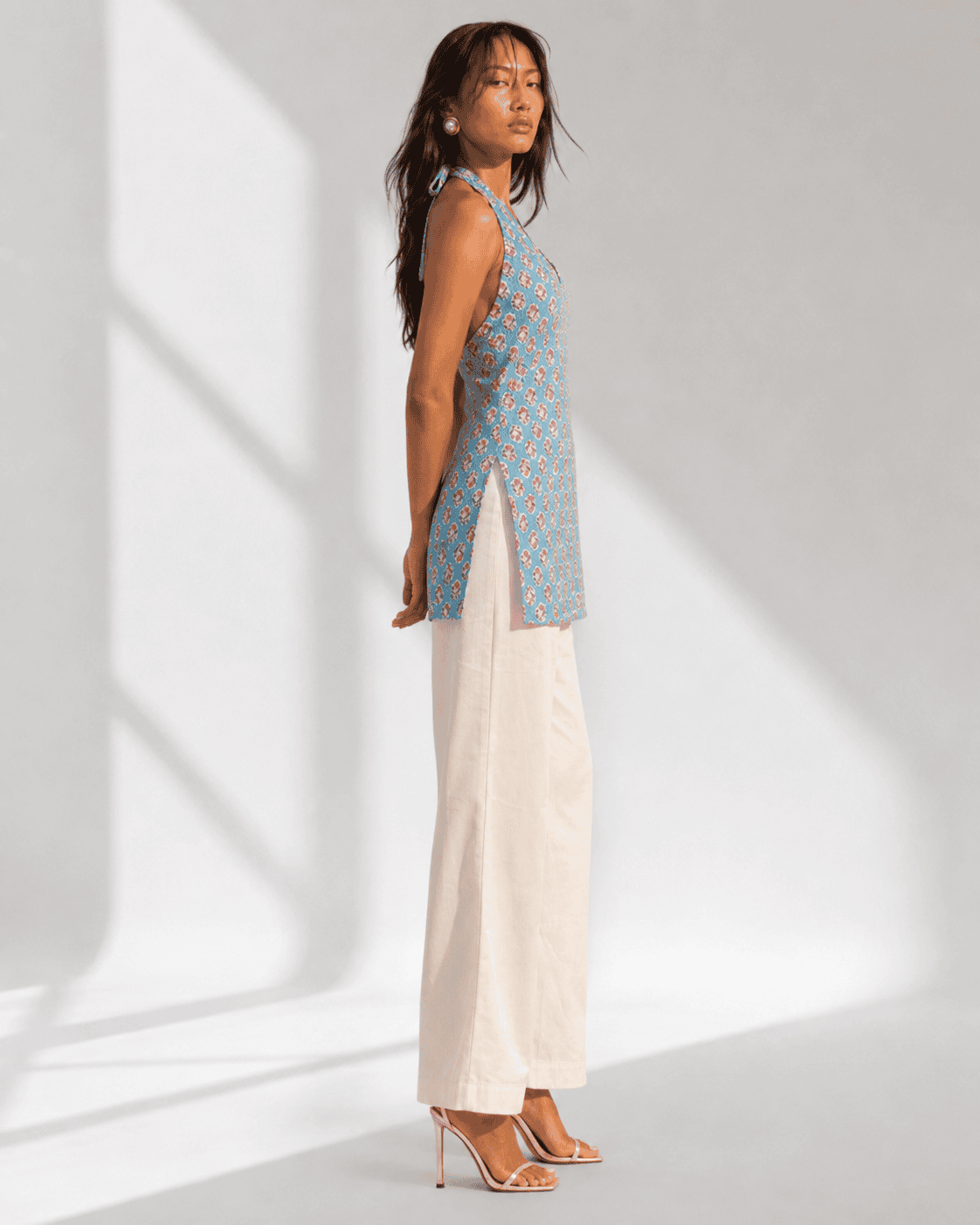 LIVARA dusty blue floral halter kurti with fabric neck tie by Neha Sharma Label