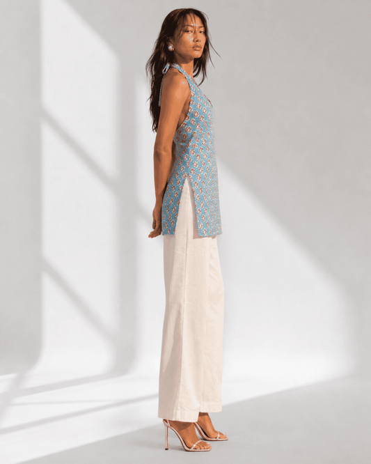 LIVARA dusty blue floral halter kurti with fabric neck tie by Neha Sharma Label