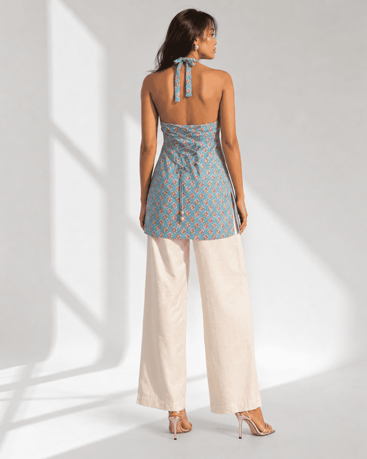 LIVARA dusty blue floral buti print kurti with criss-cross tie-up back and pearl drop by Neha Sharma Label