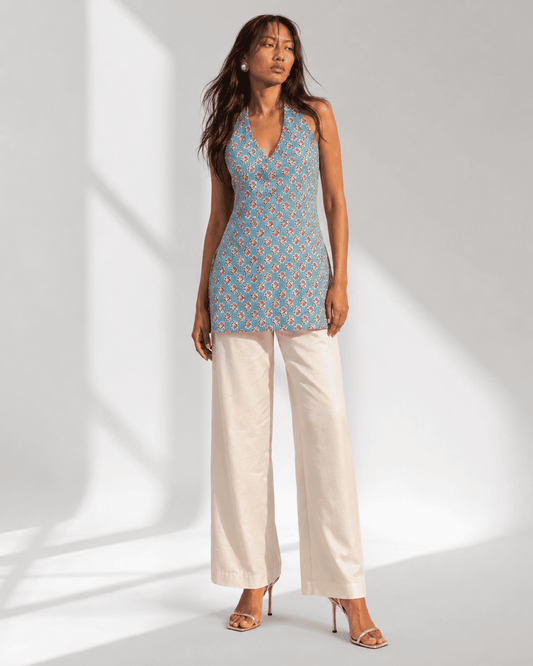 LIVARA dusty blue floral buti print halter kurti by Neha Sharma Label