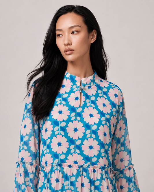 SABLE blue retro floral maxi dress with ruffle-edged tiers by Neha Sharma Label