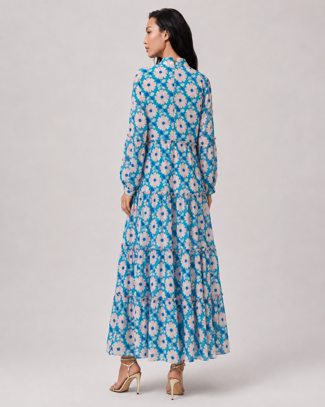 SABLE blue retro floral print tiered maxi dress with gathered ruffle cuffs by Neha Sharma Label