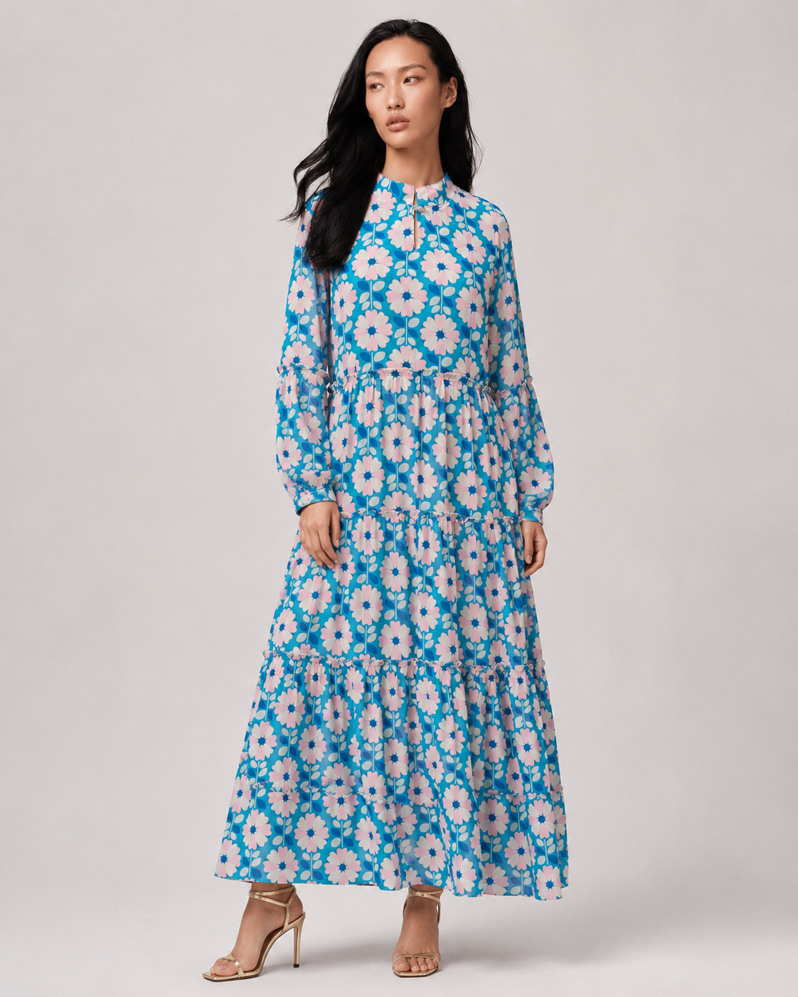 SABLE blue retro floral tiered maxi dress with mandarin collar by Neha Sharma Label